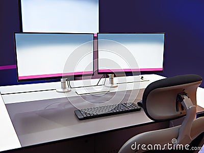 Ergonomic workplace with keyboard and monitors Stock Photo