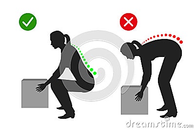 Ergonomics - correct posture of a woman to lift a heavy object silhouette Vector Illustration