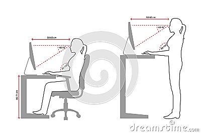 Ergonomics line drawing of a woman correct sitting and standing posture when using a computer Stock Photo