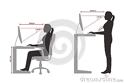 Ergonomics silhouette of a woman correct sitting and standing posture when using a computer Vector Illustration