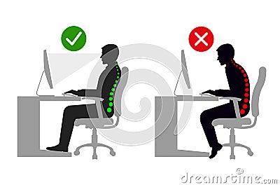 Ergonomics at workplace man correct sitting posture black and white Stock Photo