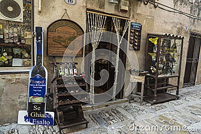 Typical food and beverage shop in Erice, Sicily, Italy Editorial Stock Photo
