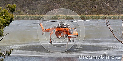 Erickson Air Crane helicopter N243AC Sikorsky S-64E sucking up a load of water to fight a bushfire in the Melbourne suburb of Bu Editorial Stock Photo