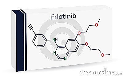 Erlotinib drug molecule. It is used to treat lung cancer. Skeletal chemical formula. Paper packaging for drugs Vector Illustration