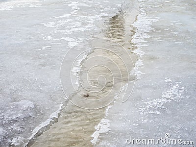 Erosion from flood waters. Spring stream. Snow washed away by a stream Stock Photo