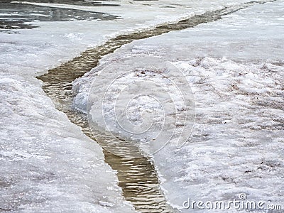 Erosion from flood waters. Spring stream. Snow washed away by a stream Stock Photo