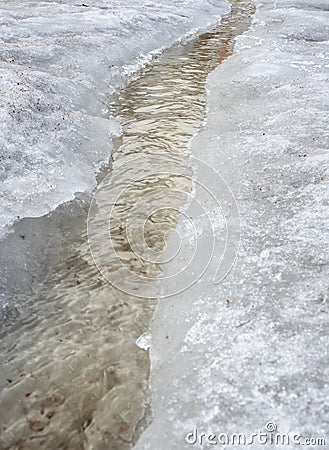 Erosion from flood waters. Spring stream. Snow washed away by a stream. Vertical view Stock Photo