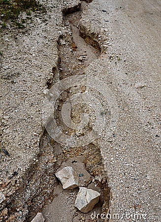 erosion grooves after rains in a dirt road. deep ground after a storm. lack of Stock Photo