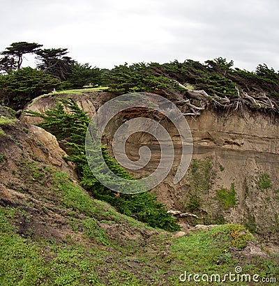 Erosion is happening fast. Large chunks of land lost, washed away by rain and wind. Stock Photo