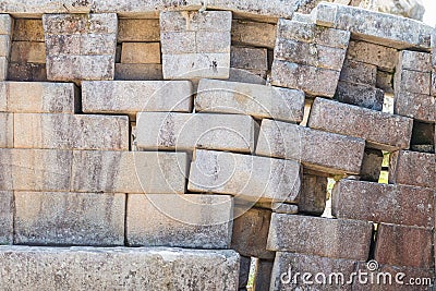 Erosion main temple wall Machu Picchu ruins peruvian Andes Cuzc Stock Photo