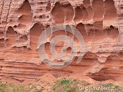 Erosion in the red sandstone coastal cliffs at Budleigh Salterton, Devon, UK. Geology on the Jurassic coast. Stock Photo