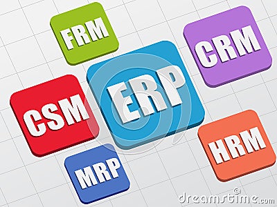 ERP, CSM, FRM, CRM, HRM, MRP in colors blocks, flat design Stock Photo