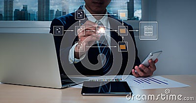 In ERP-enabled organization, the businessman uses a Document Management System (DMS), an online documentation database Stock Photo