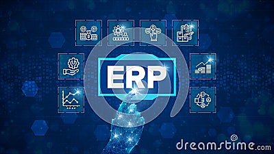 ERP - Enterprise Resource Planning solution software or application construction concept on virtual screen. Stock Photo