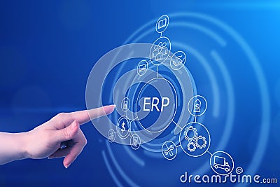 Erp enterprise resource planning system for management database, digital technology software for hr and service Stock Photo