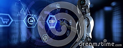 ERP Enterprise resources planning. Robot pressing button on screen 3d render Stock Photo