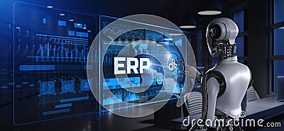 ERP Enterprise resources planning. Robot pressing button on screen 3d render Stock Photo