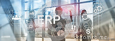 ERP system, Enterprise resource planning on blurred background. Business automation and innovation concept. Stock Photo