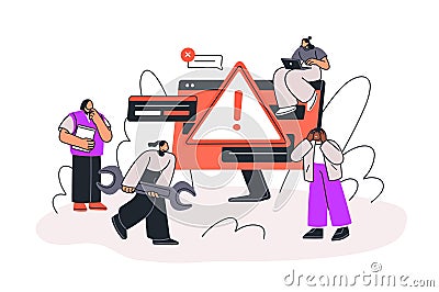 Error alert, internet failure, system problem concept. Tiny people fixing 404 mistake. Information technology security Vector Illustration