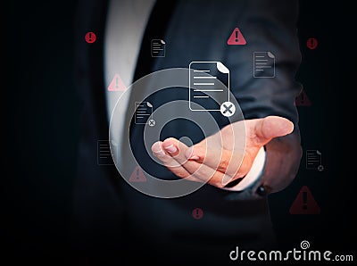 Error and corrupted file accessing concept with floating on the hand, red alarming signs showing data breach Stock Photo