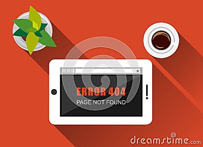 Error illustration. Flat design with long shadow. Error concept. Error page not found on tablet screen. Vector Illustration