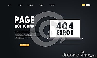 Error 404 on laptop screen. Page not found on computer. Web page template. Dark theme. Vector EPS10. Illustration on isolated Vector Illustration