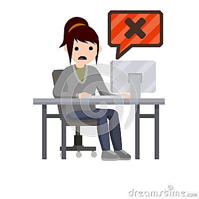Error message in computer. Shocked woman sit at table with monitor Vector Illustration
