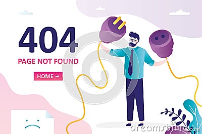 404 error, page not found, landing page template. Businessman trying to connect wires. Male character holding plug and socket. Vector Illustration