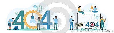 404 error, page not found set, tiny people work with warning web server message and fail Vector Illustration