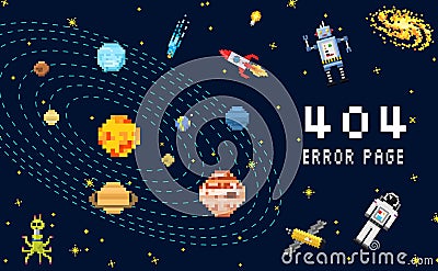 404 error page. not found. space background, spaceman, robot rocket and satellite cubes solar system planets pixel art Vector Illustration