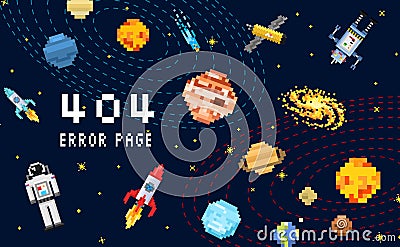 404 error page. not found. space background, spaceman, robot rocket and satellite cubes solar system planets pixel art Vector Illustration