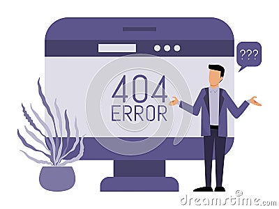 Error 404 pages site and man concept vector illustration. Man get an internet error 404. Page not found concept. Vector Illustration