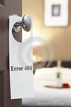 Error 404' sign on hotel room door Stock Photo