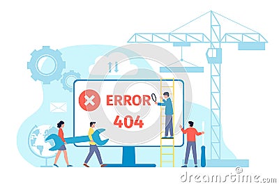 Error web page. 404 server mistake, modern alert computer system about internet trouble. Website construction process Vector Illustration