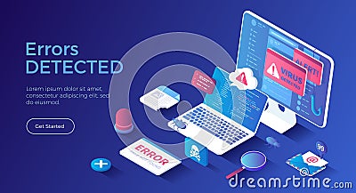Errors detected. Computer viruses, hacker attack, 404 error page not found. Alert messages, bugs, infected files, spam. Vector Illustration