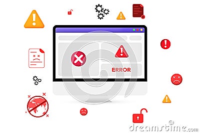 Errors and Virus concept floating around the screen. Error, malware, virus, no access, unauthorized, failed access background Stock Photo