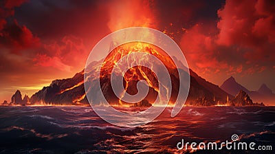 Erupting volcan and lava floating into the ocean created with Generative AI Stock Photo