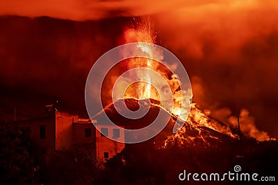 Erupting volcano, cumbre vieja, la Palma at night in December Stock Photo