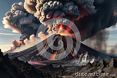 Erupting Volcano Dominating the Landscape: Plumes of Ash and Smoldering Lava Streams Carving Paths Stock Photo