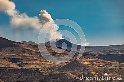 The eruption of the active volcano Sabancaya on September 19, 2022. Stock Photo