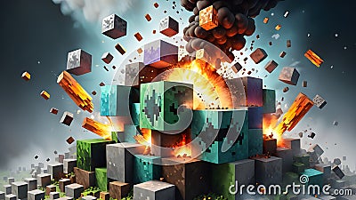 Eruption of Minecraft world. Exploding Minecraft colorful cubes paint and splashes. Generative AI Stock Photo