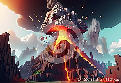 Eruption of Minecraft world. Exploding Minecraft colorful cubes paint and splashes. Generative AI Stock Photo