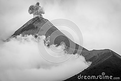 Eruption of volcano Fuego in black and white. Stock Photo