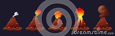 Eruption volcano stages. Nature cataclysm, erupting process step by step. Volcanoes with lava, fire, smoke and ashes Vector Illustration