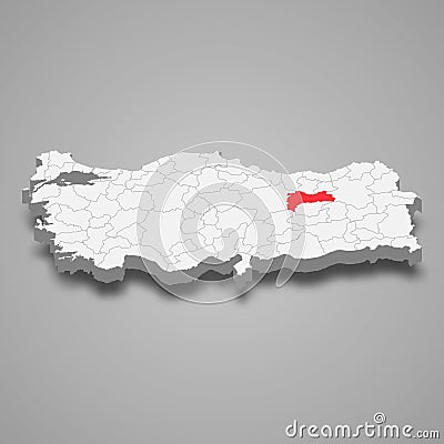 Erzincan region location within Turkey 3d map Vector Illustration