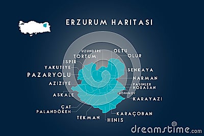 Erzurum districts uzundere, tortum, ispir, yakutiye, pazaryolu, aziziye, askale,palandoken, cat,tekman,hinis map, Turkey Stock Photo