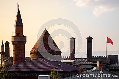 Erzurum architectural icons Erzurum castle, double minaret madrasah Stock Photo