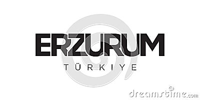 Erzurum in the Turkey emblem. The design features a geometric style, vector illustration with bold typography in a modern font. Vector Illustration