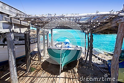 Es Calo escalo Formentera Ibiza beached boat Stock Photo