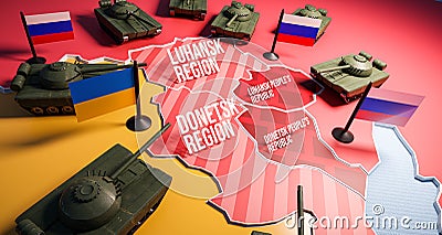 Escalation of the conflict on the border of Ukraine with Russia, Donbas region - the concept of a 3d map with tanks Stock Photo